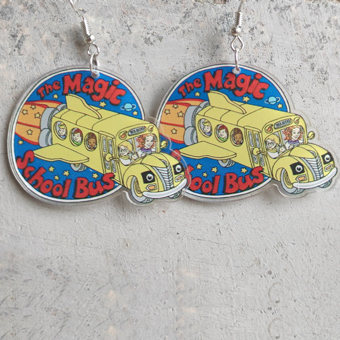 Storybook Earrings with School Bus and Colorful Fish Designs