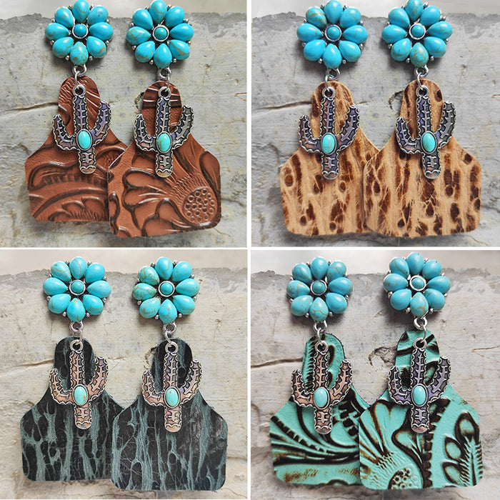 Pendientes de piel con relieve bohemio con pelo largo y diseño de cactus