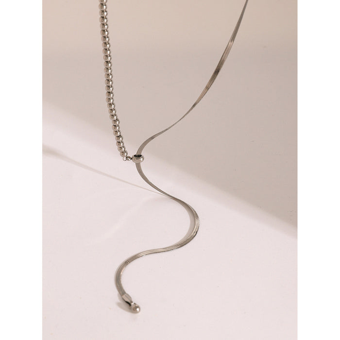 Minimalist 18K Gold-Plated Stainless Steel Snake Bone Y-Chain Necklace with Sliding Bead Clasp - Silver Tone