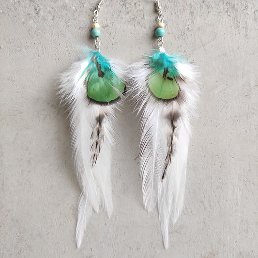 Bohemian Feather Earrings with Wood Beads and Turquoise Beads