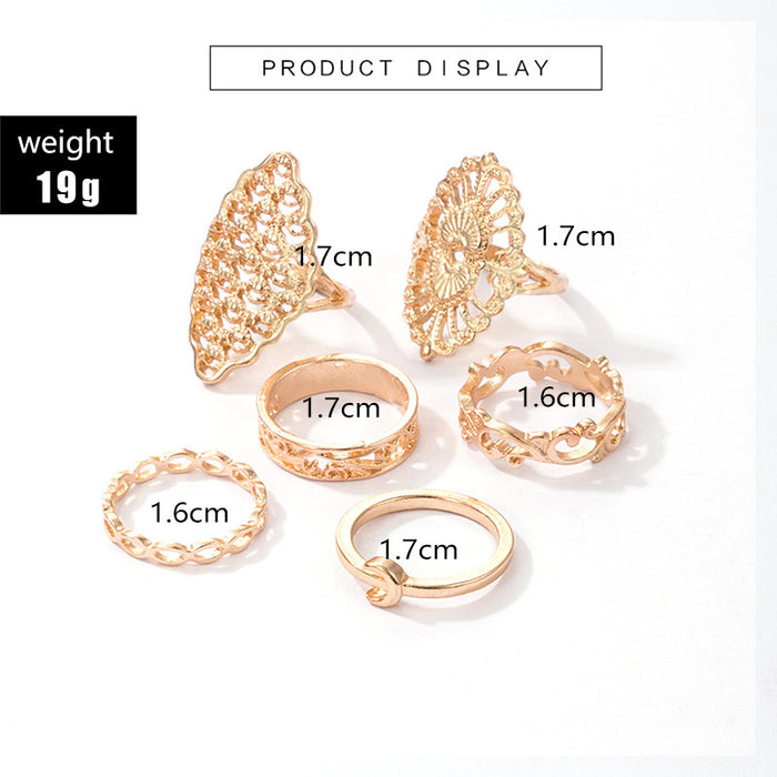 6-piece geometric wide ring set, hollow pattern moon design