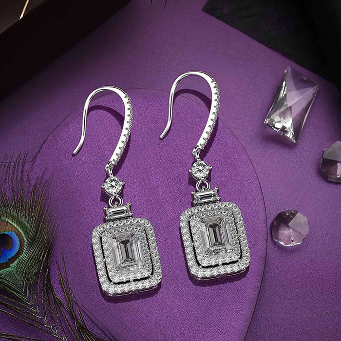 Square diamond and zircon ear hooks in white gold inlaid princess earrings