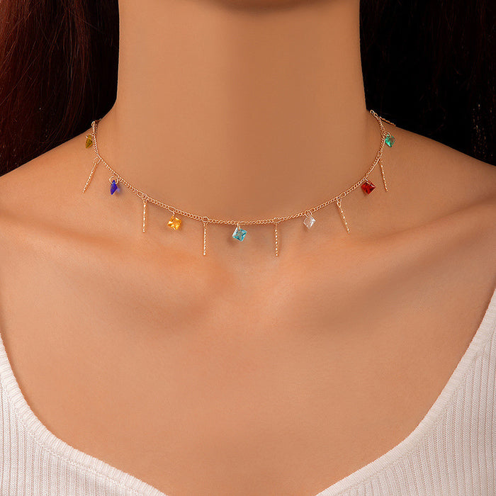 Colorful Rhinestone Tassel Necklace - Simple Alloy Choker