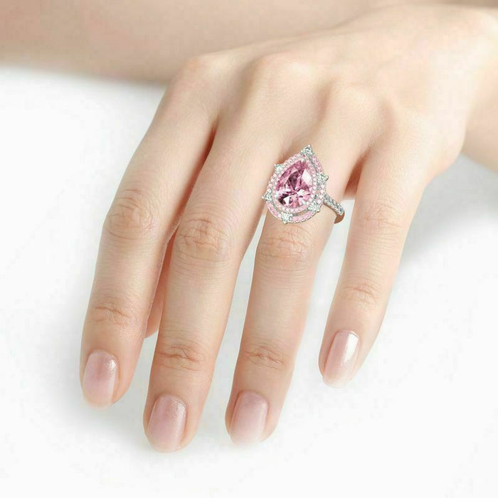 Light luxury teardrop-shaped full diamond ring pink pear-shaped female ring - wallojewerly 