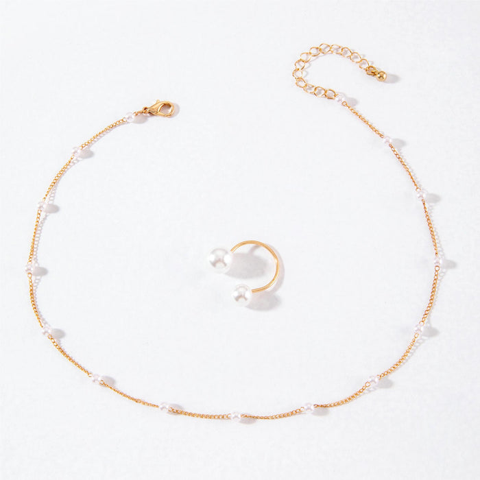 Elegant Geometric Pearl Necklace with Open Ring Set