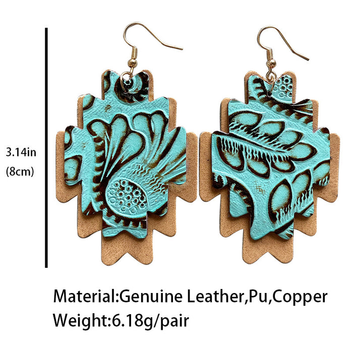 Double Layer Aztec Embossed Leather Earrings with Vintage Style