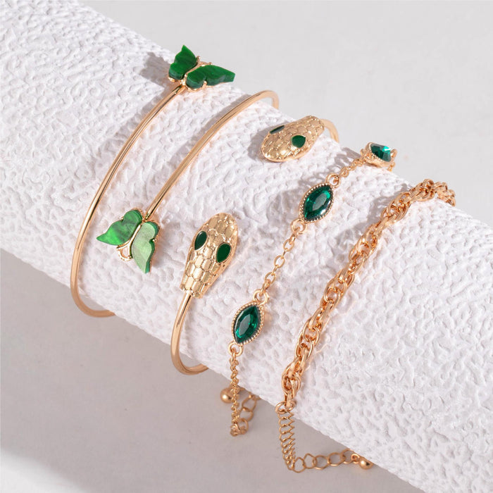 Juego de pulseras de diamantes de imitación de esmeralda de lujo europeo: brazalete creativo con forma de mariposa y serpiente