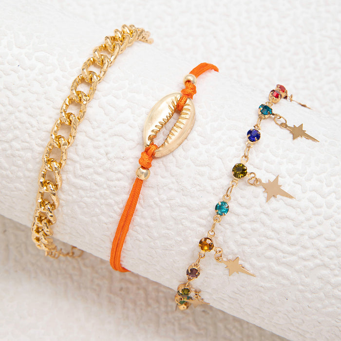 Rhinestone Star Anklet Set with Woven Rope and Shells - Boho Beach Jewelry