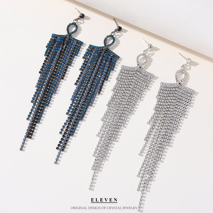 Korean Blue and White Tassel Earrings - Elegant Chain Jewelry for a Sophisticated Look