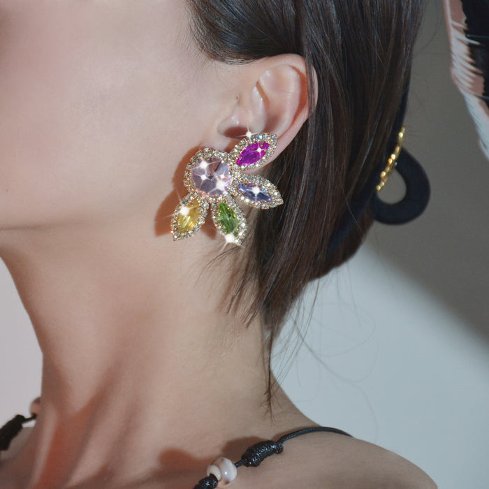 Exaggerated Flower Rhinestone Earrings - Sparkling Dangles for Evening Wear