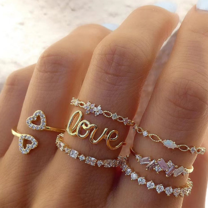 Anillo de diamantes de alta gama y diseño exclusivo con forma de corazón: anillos apilables con letras de amor, colección de 7 piezas