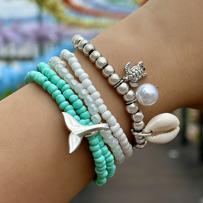 Ocean Bead Shell Bracelet with Fish Tail and Eye Charms - Five-Piece Set