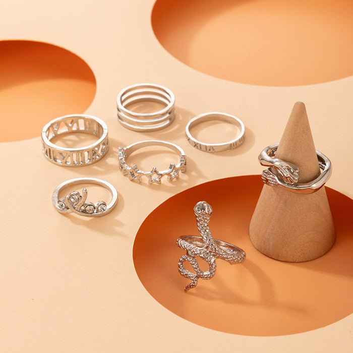 Snake-shaped hollow palm ring seven-piece set star diamond monogram