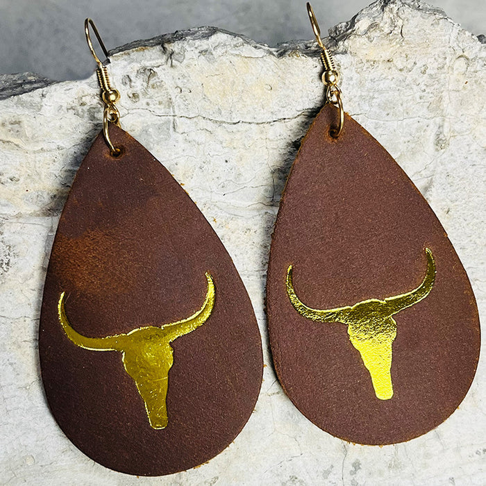 Modern Teardrop Crazy Horse Leather Earrings with Gold Bullhead Design