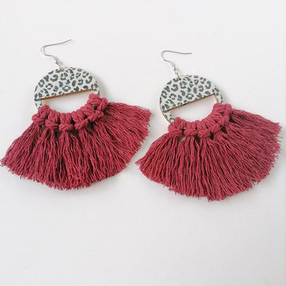 Bohemian Handwoven Tassel Fan-Shaped Earrings with Morandi Color and Leopard Print