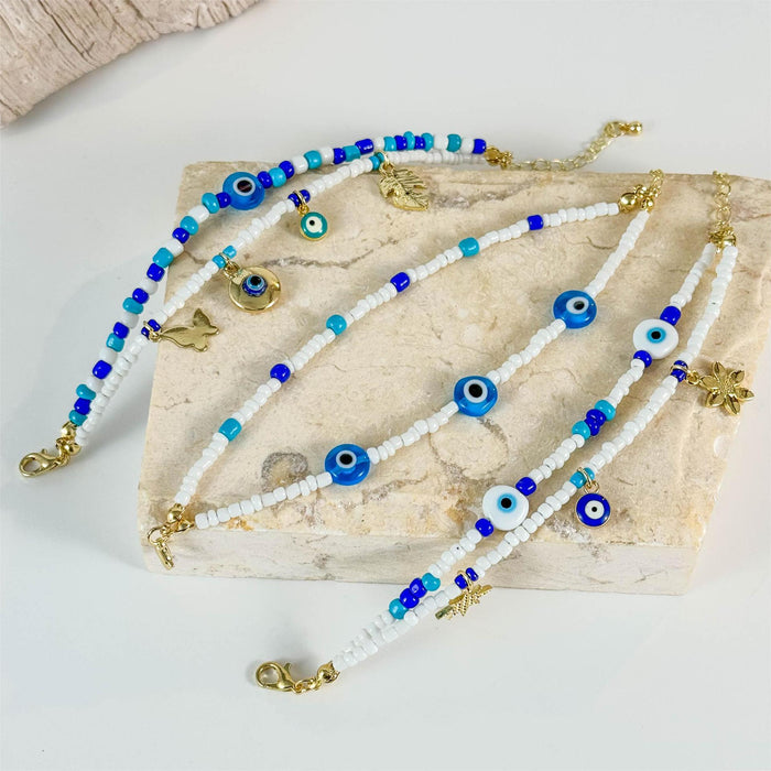 Multicolor Beaded Evil Eye Heart Bracelet Set with Butterfly Charms - Three Pieces