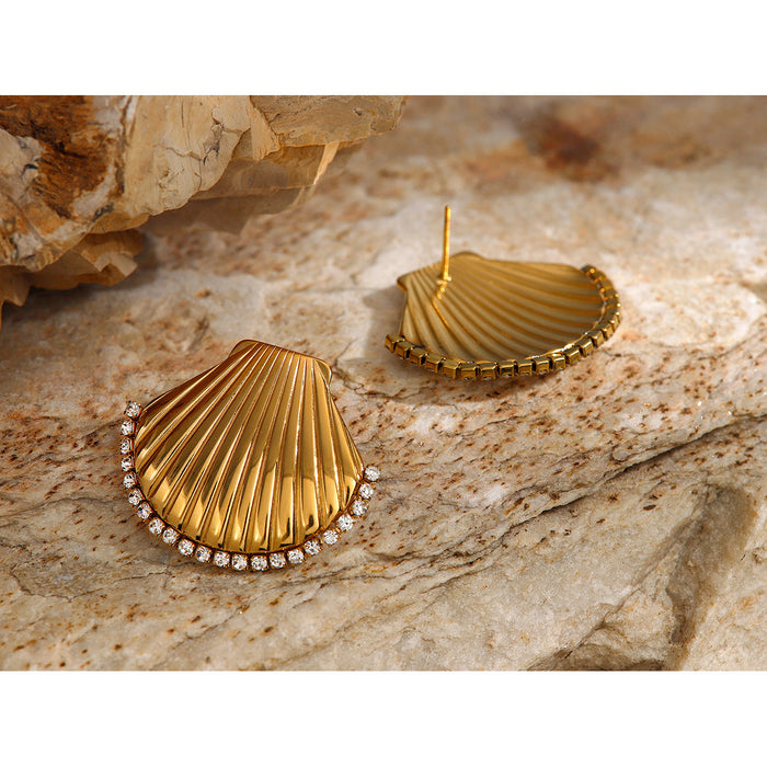 18K Gold Stainless Steel Waterdrop Fan Stud Earrings - Titanium Steel Shell Inlaid Design