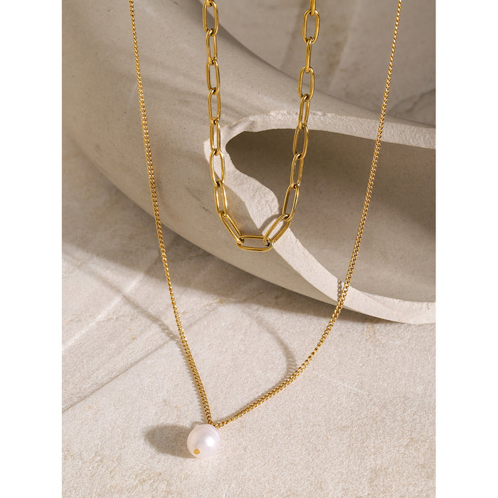 Style 18K Gold-Plated Stainless Steel Pearl Necklace - Double Layer Chain with Return Link Design