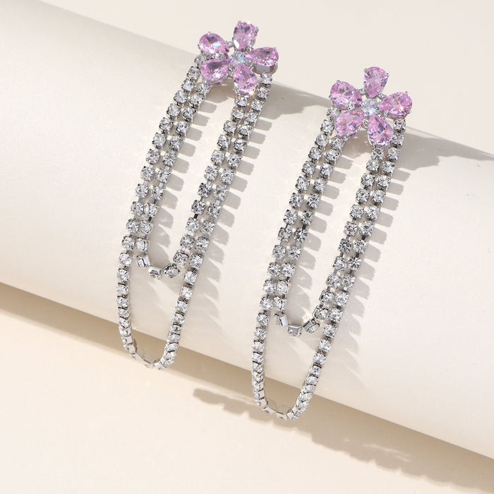 S925 Silver Needle Floral Earrings - Pink Zircon Jewelry for a Romantic Look