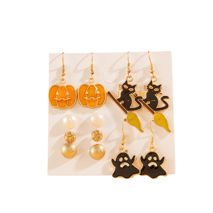 Juego de pendientes con forma de gato y calabaza divertidos de Halloween con gotas de aceite oscuro y cara de fantasma para mujer