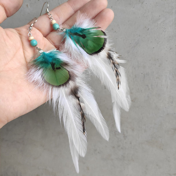 Bohemian Feather Earrings with Wood Beads and Turquoise Beads