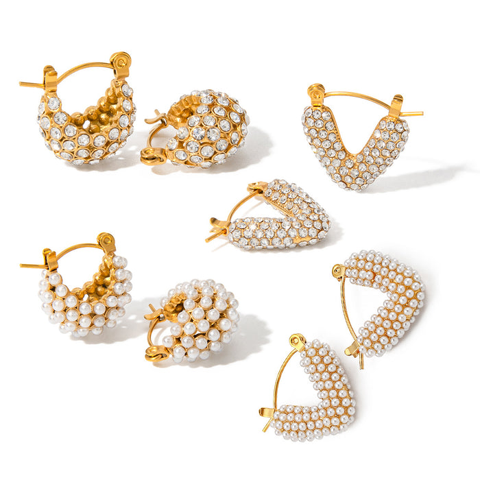 18K Gold Plated Stainless Steel Hollow Basket Zircon Earrings - High-End Design with Pearl Accent