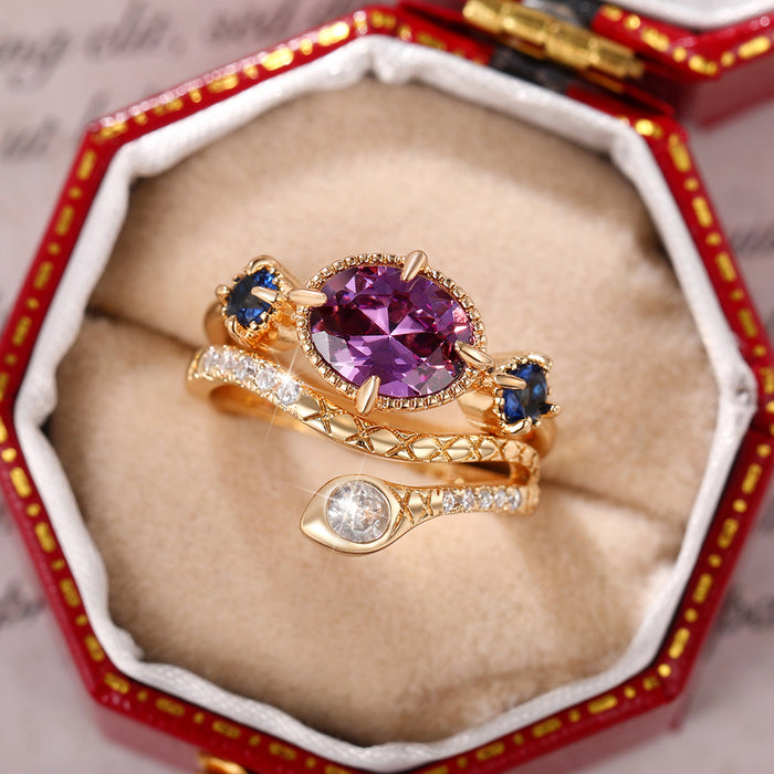 Purple zircon snake ring for women exotic copper ring set