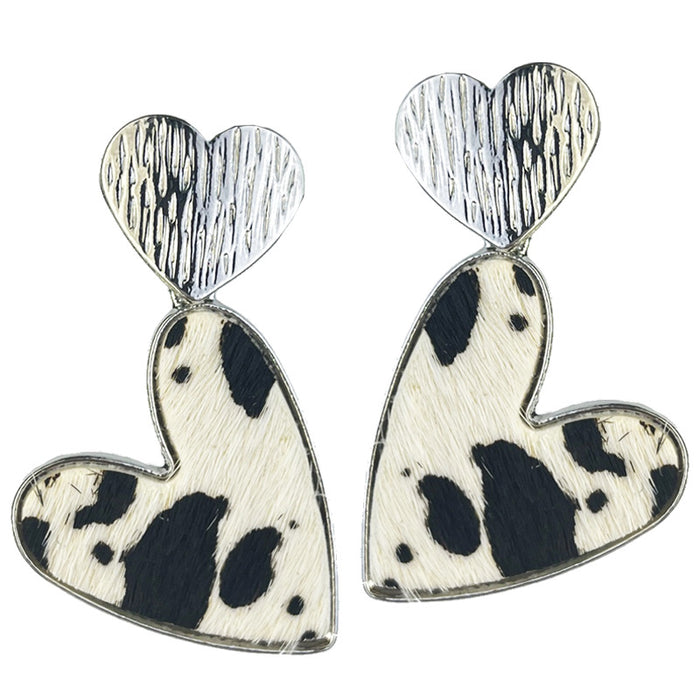 Metal Double Heart Earrings with Cow Print and Leopard Print Leather Design