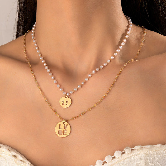 Double-Layer Heart Pendant Necklace Set - Trendy Pearl and Alloy Jewelry for Women