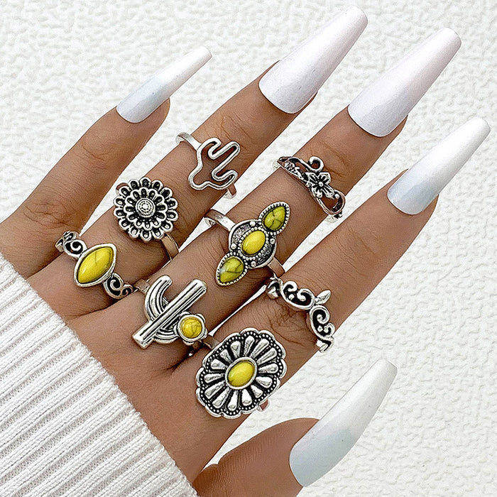 Bohemian Cactus and Palm Tree Ring Set - 8-Piece Vintage Geometric Rings