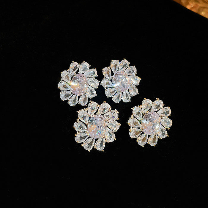 Pendientes de girasol con diamantes completos, pendientes de estilo japonés de alta gama, pendientes de flores