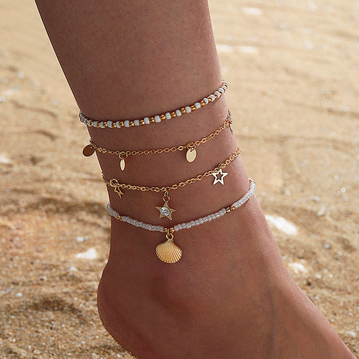 Bohemian Bead Star Round Pendant Anklet Four-Piece Set with Pearl Shell Anklet