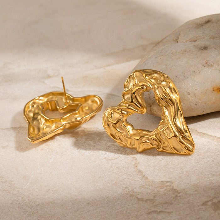 Stainless steel hammered heart earrings 18K gold earrings