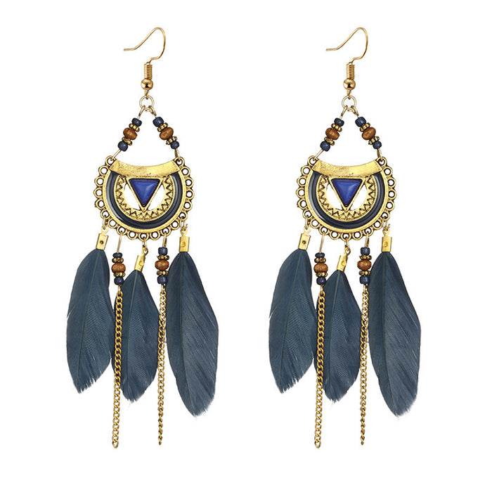 Ethnic style feather long earrings gold leaf round bead earrings