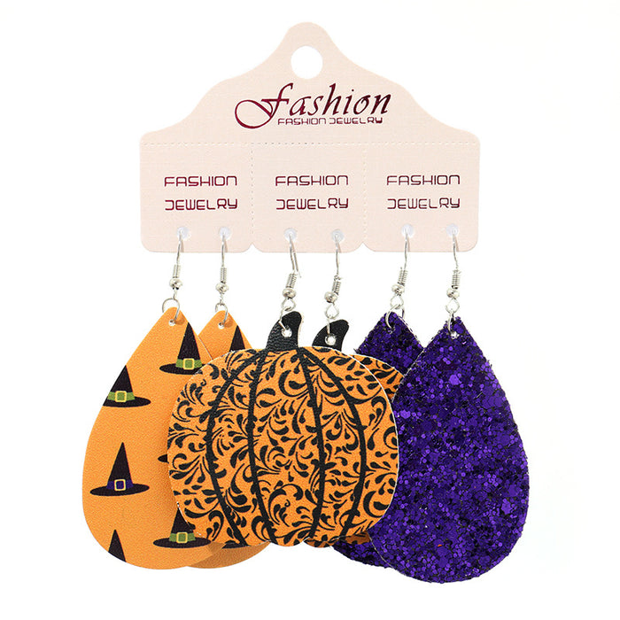 Halloween PU Leather Earring Set with Exaggerated Pumpkin and Alien Design