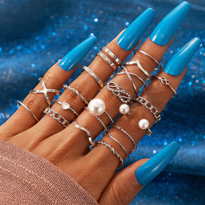 Simple Pearl Heart Open Ring Set - Nineteen-Piece Knuckle Set