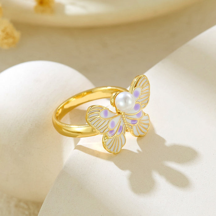 Wholesale copper micro-inlaid pearl enamel painted drop butterfly open ring