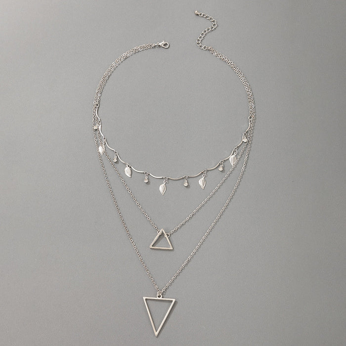 Simple Triangle Hollow Triple-Layer Necklace - Rhinestone Leaf Multilayer Choker