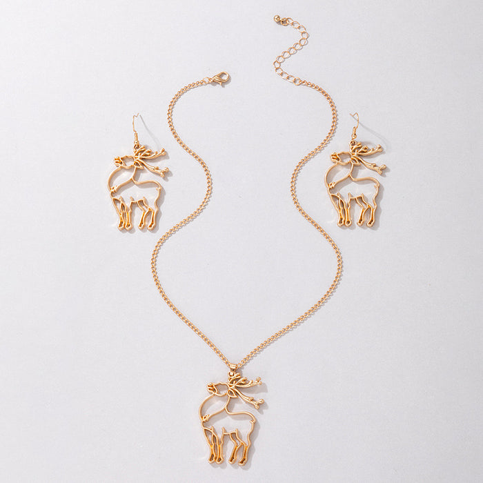 Christmas Tree Hollow Gold Jewelry Set with Reindeer Earrings and Necklace