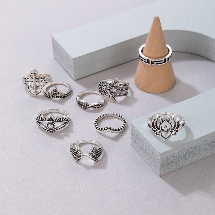 Retro style lotus totem cross nine-piece ring set all-match