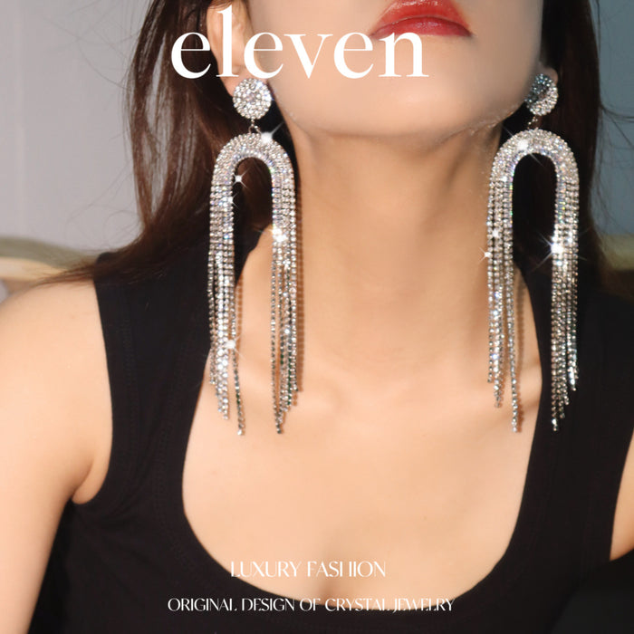 Exaggerated Arch Tassel Earrings - Full Rhinestone Dangles for Evening Gowns