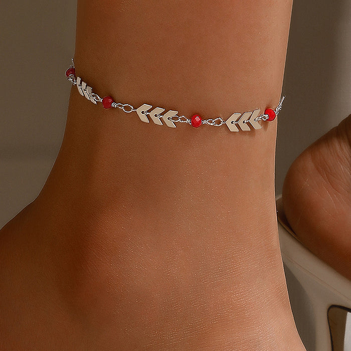 Simple Silver Airplane Chain with Red Seed Bead Single Layer Anklet