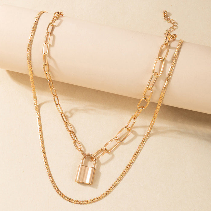 Fashionable Lock Pendant Necklace – Multi-Layer Alloy Chain