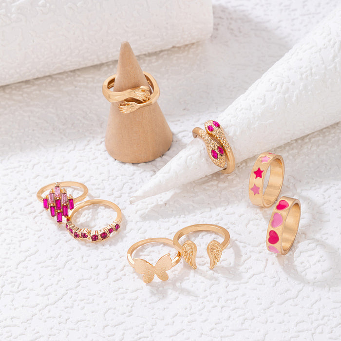 Pink oil drop heart star ring set, butterfly wings palm snake eight-piece set