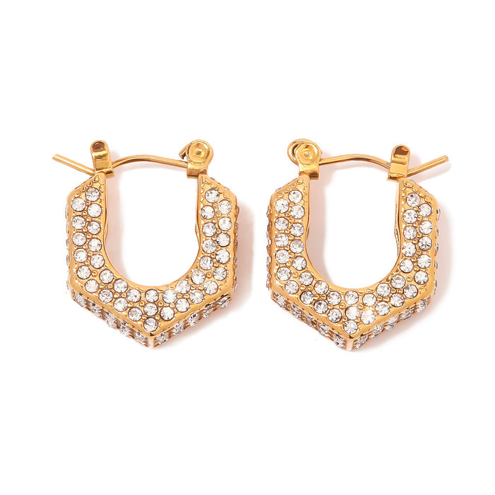 French Style 18K Gold Geometric White Zircon Earrings - High-End Hollow Titanium Steel Earrings