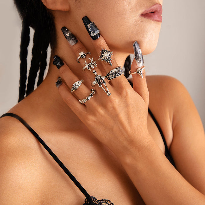 Juego de anillos de calavera de estilo oscuro: anillos de araña punk para Halloween, colección de 8 piezas