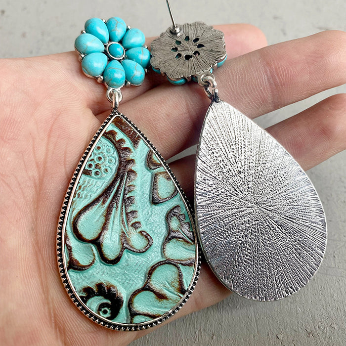 Western Embossed Leather Earrings with Bohemian Floral Turquoise and Pumpkin Flower Design