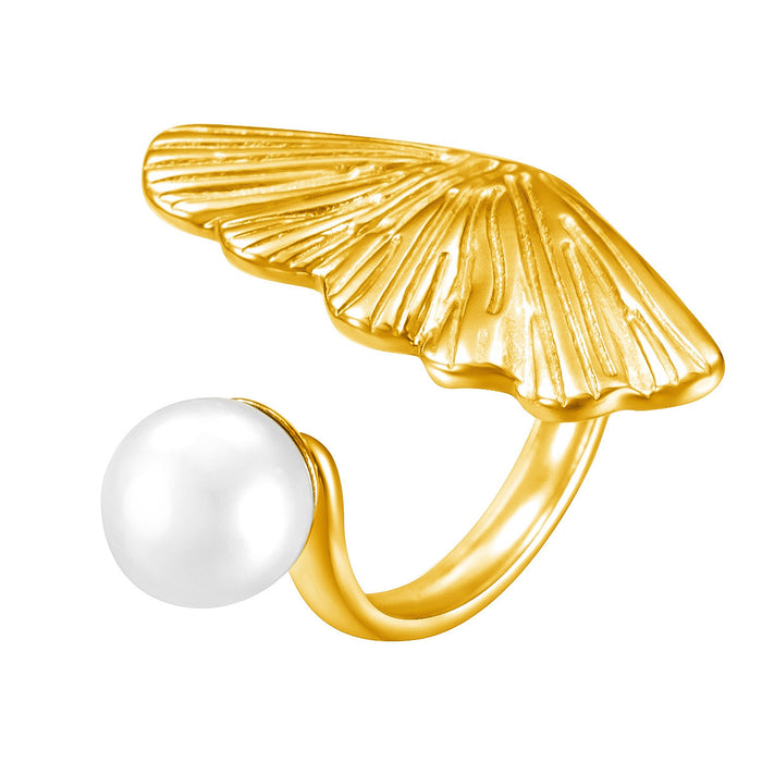 Wholesale stainless steel 18K gold sun scallop imitation pearl ring