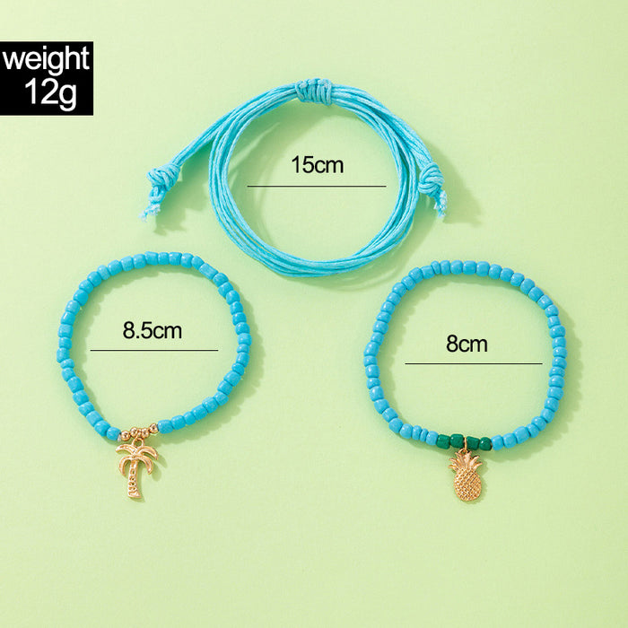 Tropical Pineapple and Palm Beach Beaded Alloy Bracelet Set