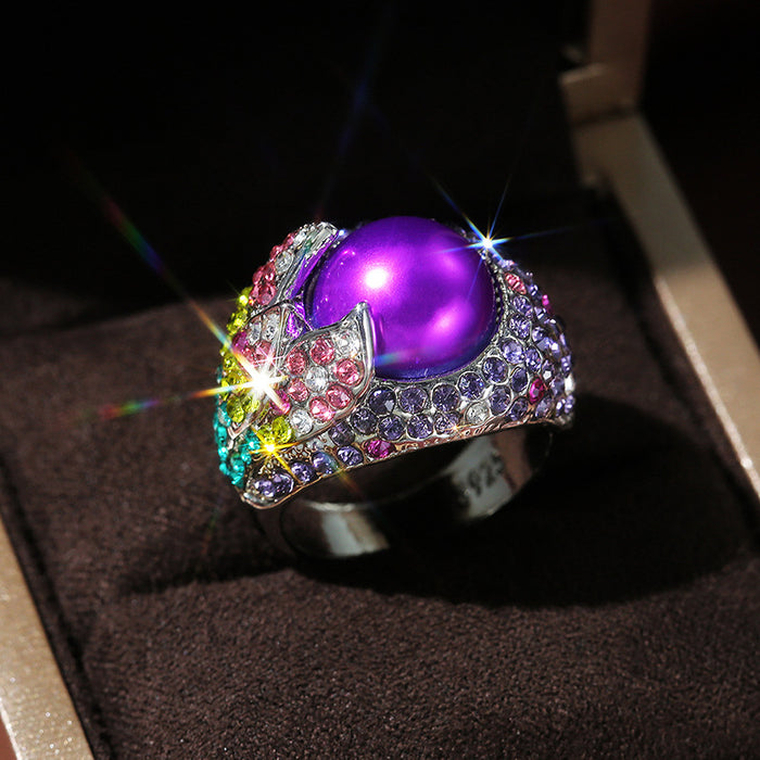 Retro exaggerated petal ring alloy colored diamond inlaid ring